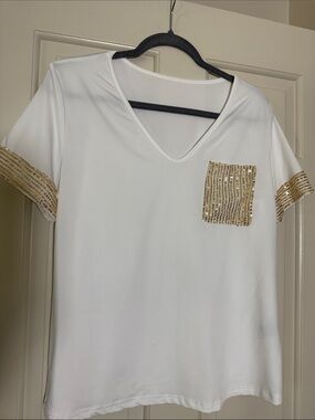 Women’s White V-Neck Tee with Gold Sequin Pocket